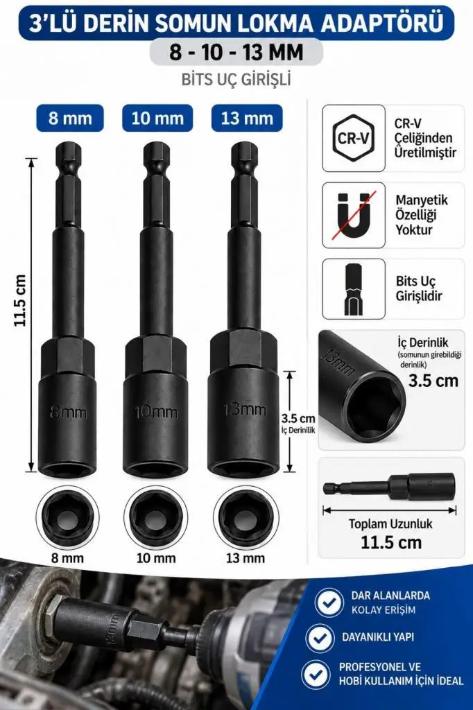 3’lü Derin Somun Lokma Adaptörü Seti 8-10-13 mm