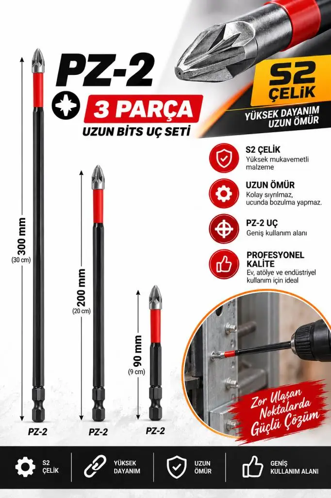 3 Parça PZ2 Uzun Bits Uç Seti 30-20-9 cm S2 Çelik Matkap Vidalama Ucu