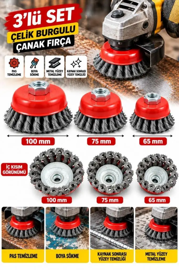 3 Parça Çelik Burgulu Çanak Fırça Seti 65 mm 75 mm 100 mm