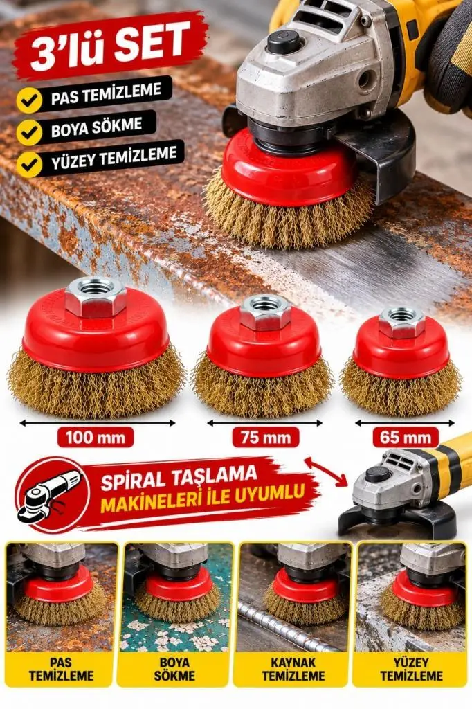 3 Parça Saçaklı Çanak Fırça Seti 65 mm 75 mm 100 mm