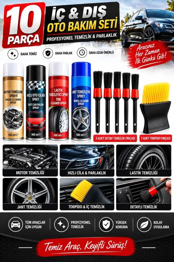 10 Parça Full Oto Bakım Seti Motor Jant Lastik Temizleyici Hızlı Cila Torpido ve Detay Fırçası