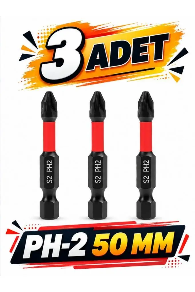 3 Adet PH-2 50 mm Mıknatıslı S2 Çelik Bits Uç Matkap Ucu
