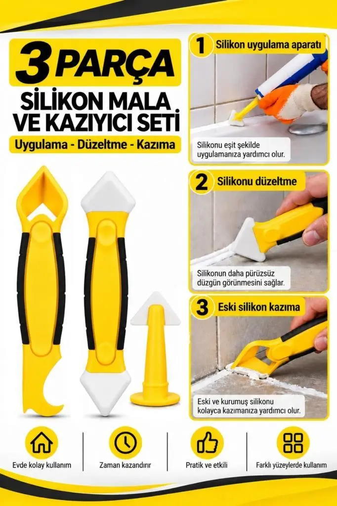 3 Parça Plastik Fayans Derz Silikon Kazıyıcı Mala Seti Derz Kazıma Silikon Düzeltme