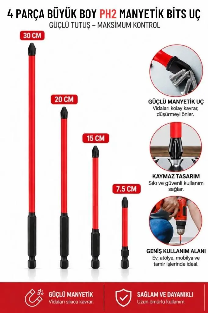 4 Parça Büyük Boy Mıknatıslı Bits Uç PH2 30 cm 20 cm 15 cm 7.5 cm